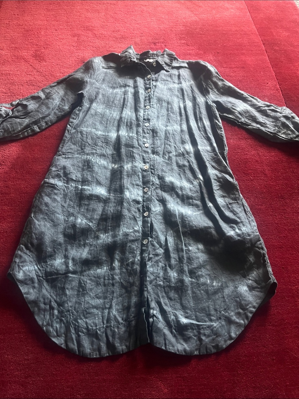 Baci Washed Charcoal Button-Down Shirt Dress 100% Linen